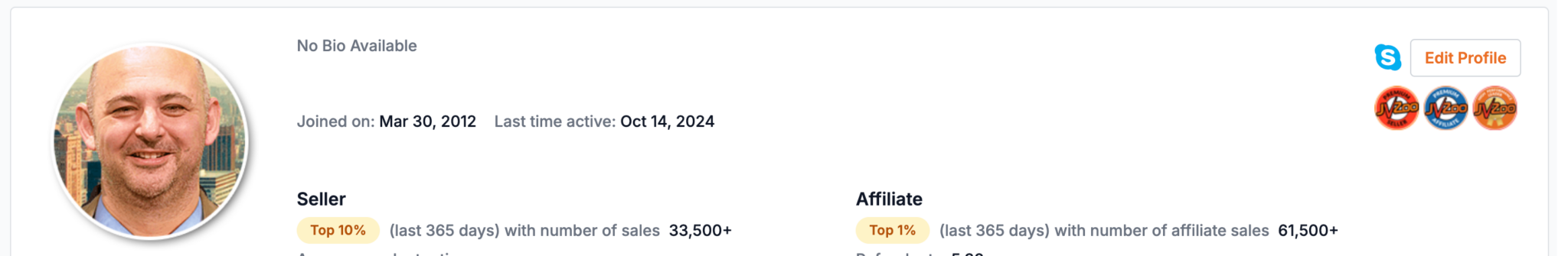 JVZoo affiliate statistics showing top 1% ranking